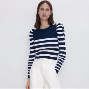 🚫SOLD💰 Zara Nautical Military Striped Puffed Sleeve Cropped Knit Sweater